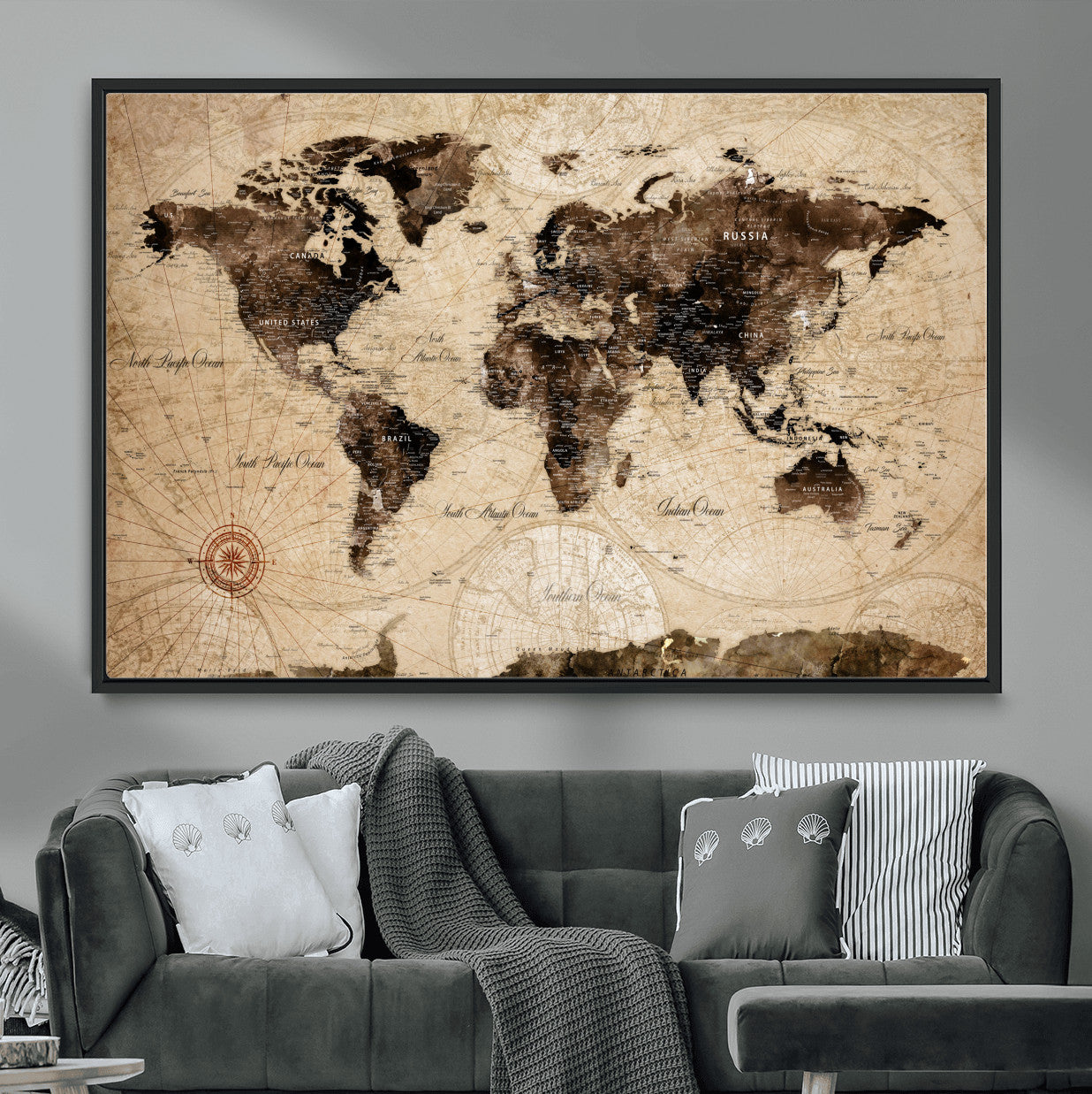 97114757-MGV-FC-36X24 - World Map Wall Art Canvas Print, Modern Decorative Framed Map Artwork Prints for Living Room, Office, Bedroom Wall Decor