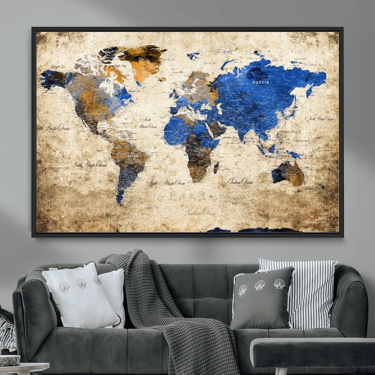 13564339-MGV-FC-36X24 - World Map Wall Art Canvas Print, Modern Decorative Framed Map Artwork Prints for Living Room, Office, Bedroom Wall Decor