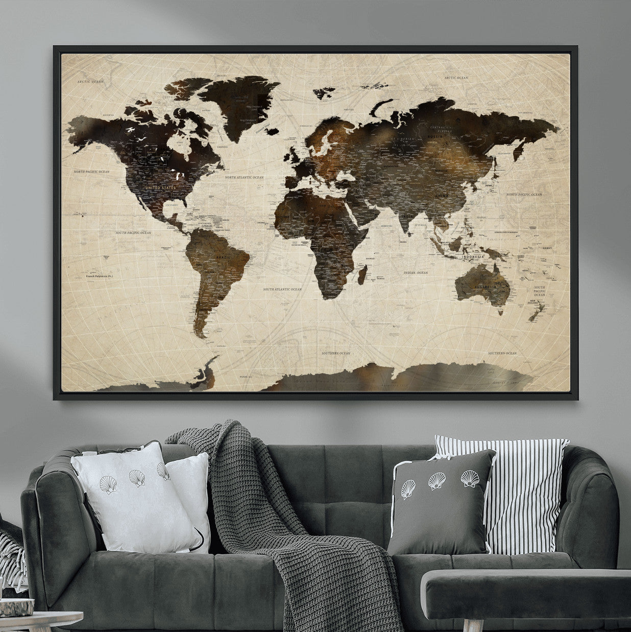 81771296-MGV-FC-36X24 - World Map Wall Art Canvas Print, Modern Decorative Framed Map Artwork Prints for Living Room, Office, Bedroom Wall Decor