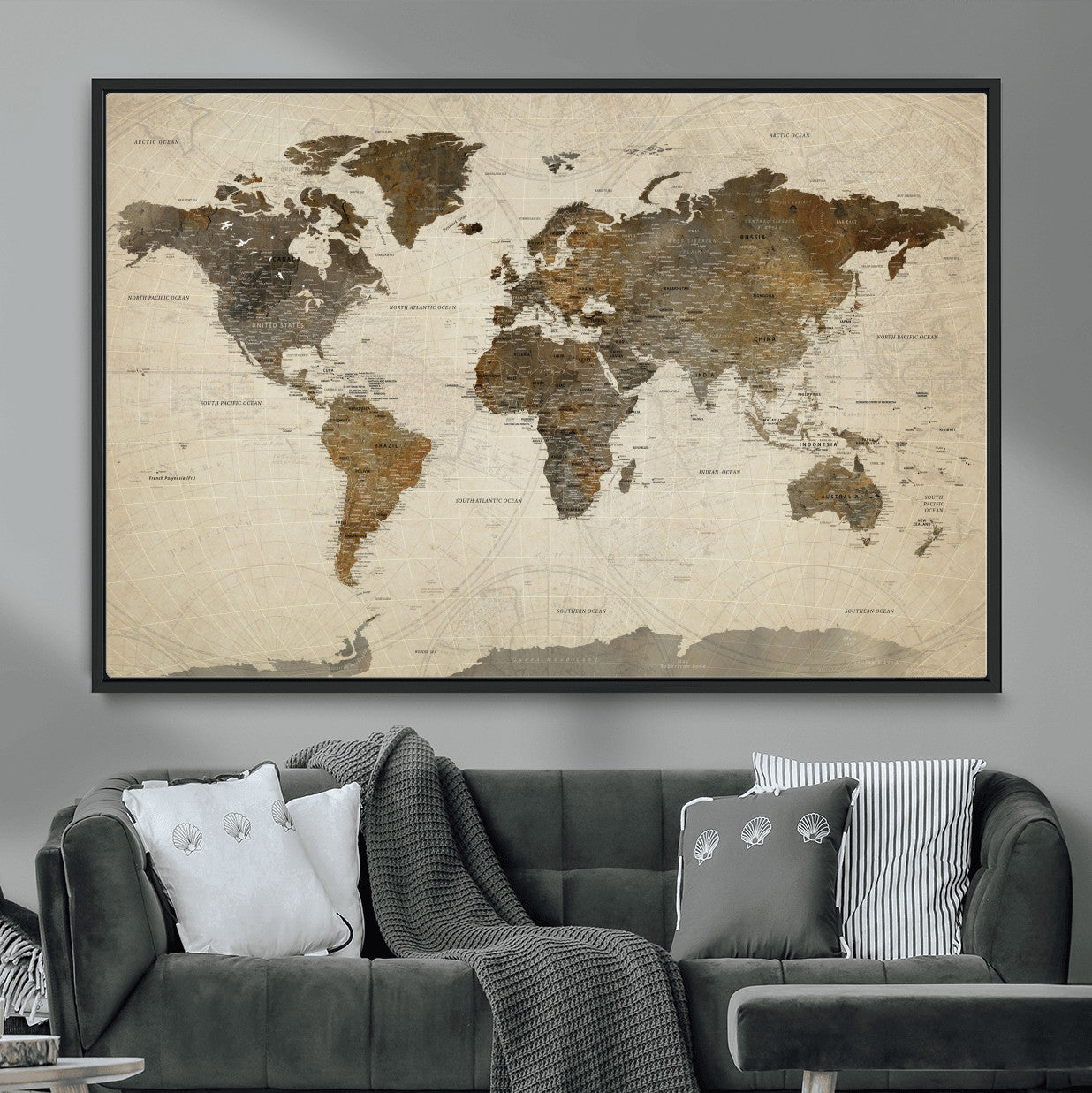 91849163-MGV-FC-36X24 - World Map Wall Art Canvas Print, Modern Decorative Framed Map Artwork Prints for Living Room, Office, Bedroom Wall Decor