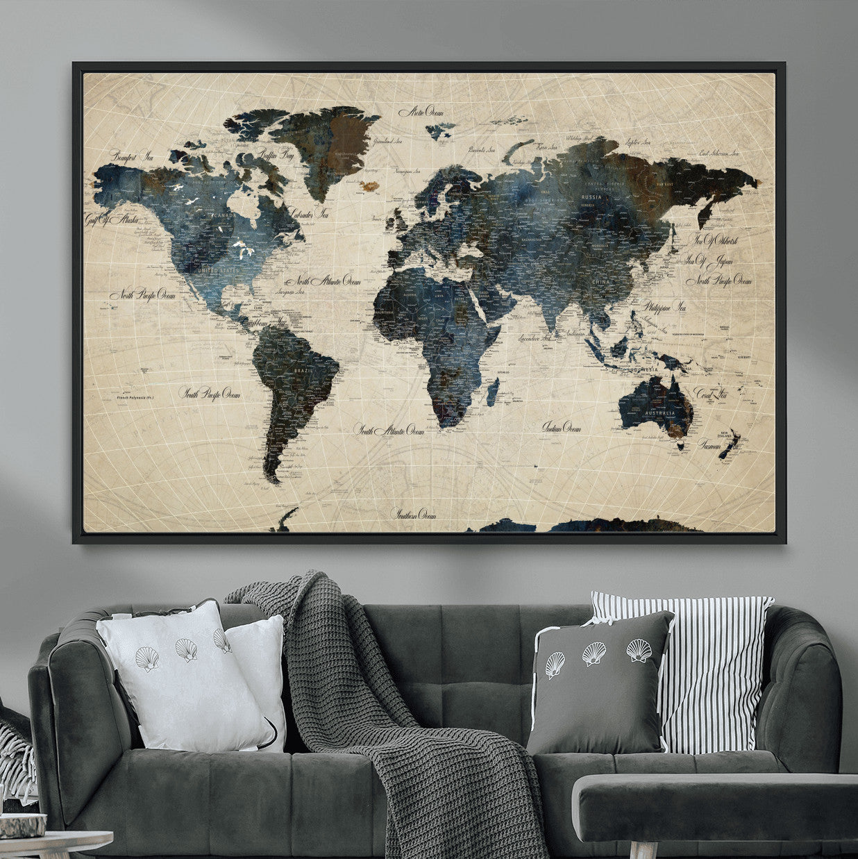 33438443-MGV-FC-36X24 - World Map Wall Art Canvas Print, Modern Decorative Framed Map Artwork Prints for Living Room, Office, Bedroom Wall Decor