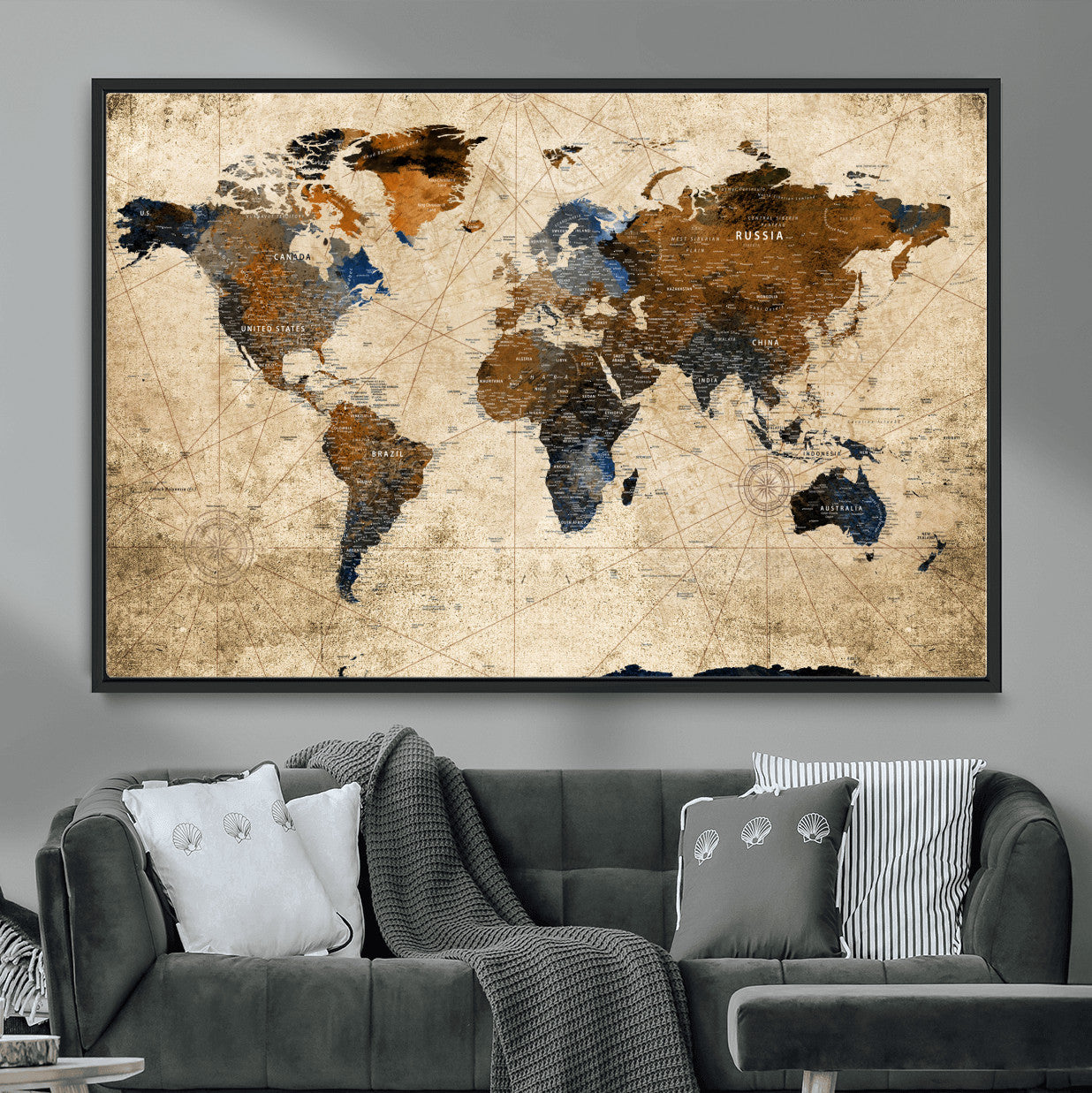 56297284-MGV-FC-36X24 - World Map Wall Art Canvas Print, Modern Decorative Framed Map Artwork Prints for Living Room, Office, Bedroom Wall Decor