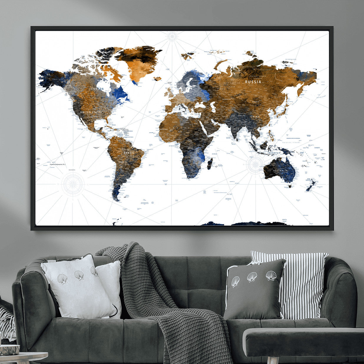 40862517-MGV-FC-36X24 - World Map Wall Art Canvas Print, Modern Decorative Framed Map Artwork Prints for Living Room, Office, Bedroom Wall Decor