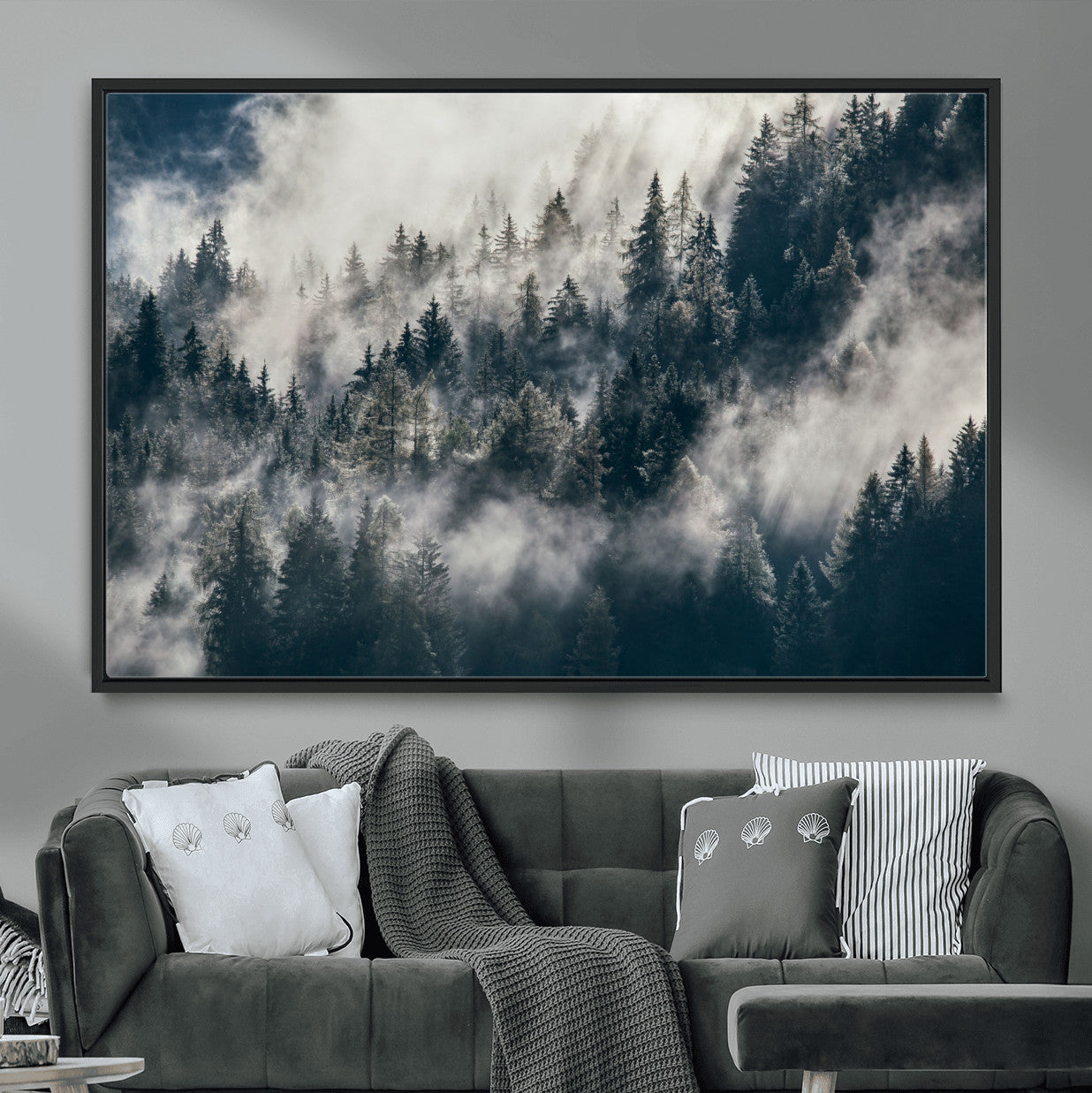 270372951-MGV-FC-36X24 - Misty Pine Forest Canvas Wall Art – Dark Forest Mountaing and Nature Landscape Print, Horizontal Canvas Print