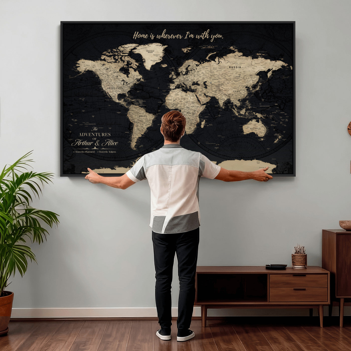 87955516-MGV-FC-36X24 - Customized Push Pin World Map Wall Art Canvas Print with Pins, Framed Personalize Travel Tracker Map, World Map for Living Room and Office Decor