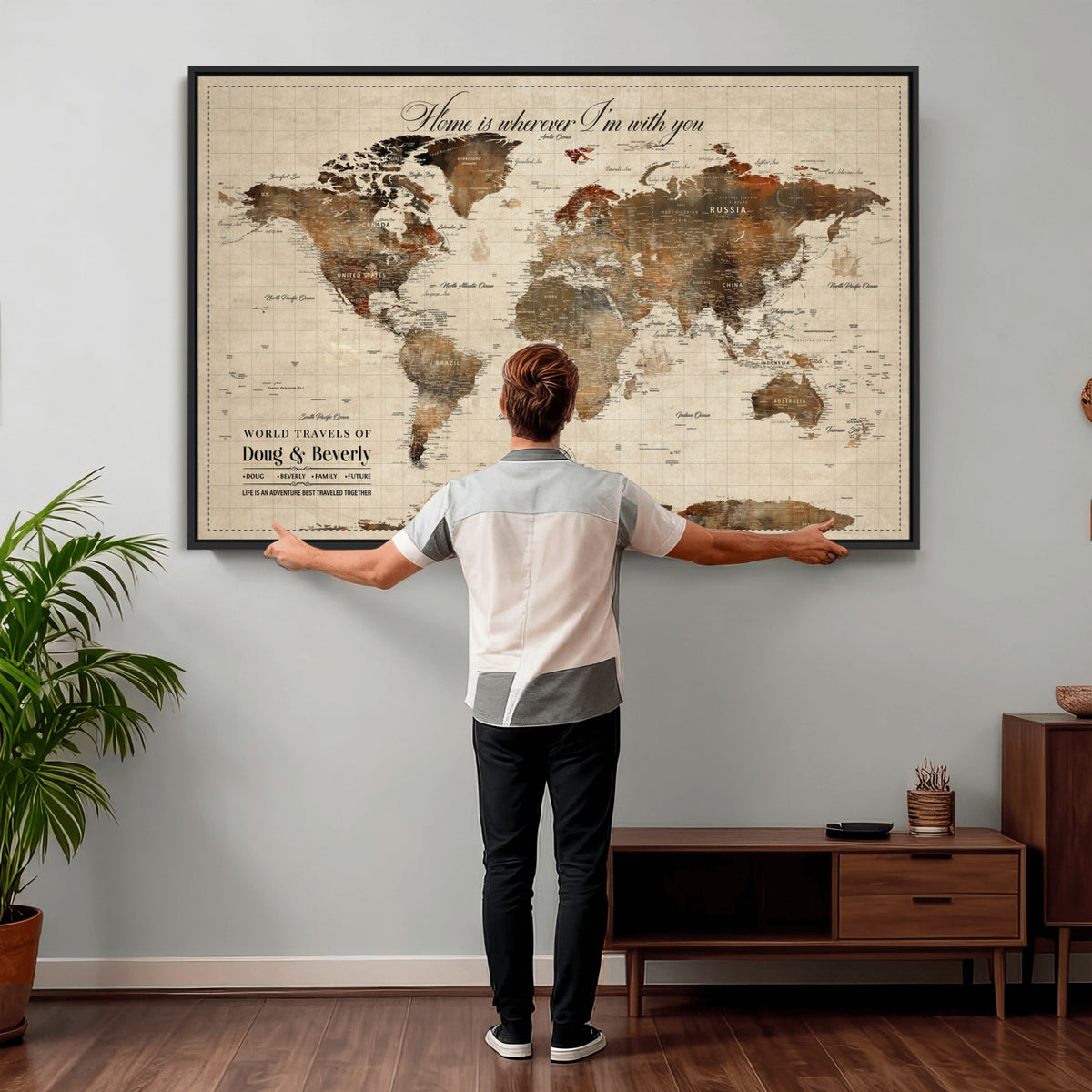 94399474-MGV-CV-36X24 - Large Custom Framed Beige Vintage World Travel Map Wall Art with Pins, Couples Countries Visited Map, Living Room and Hallway Decor