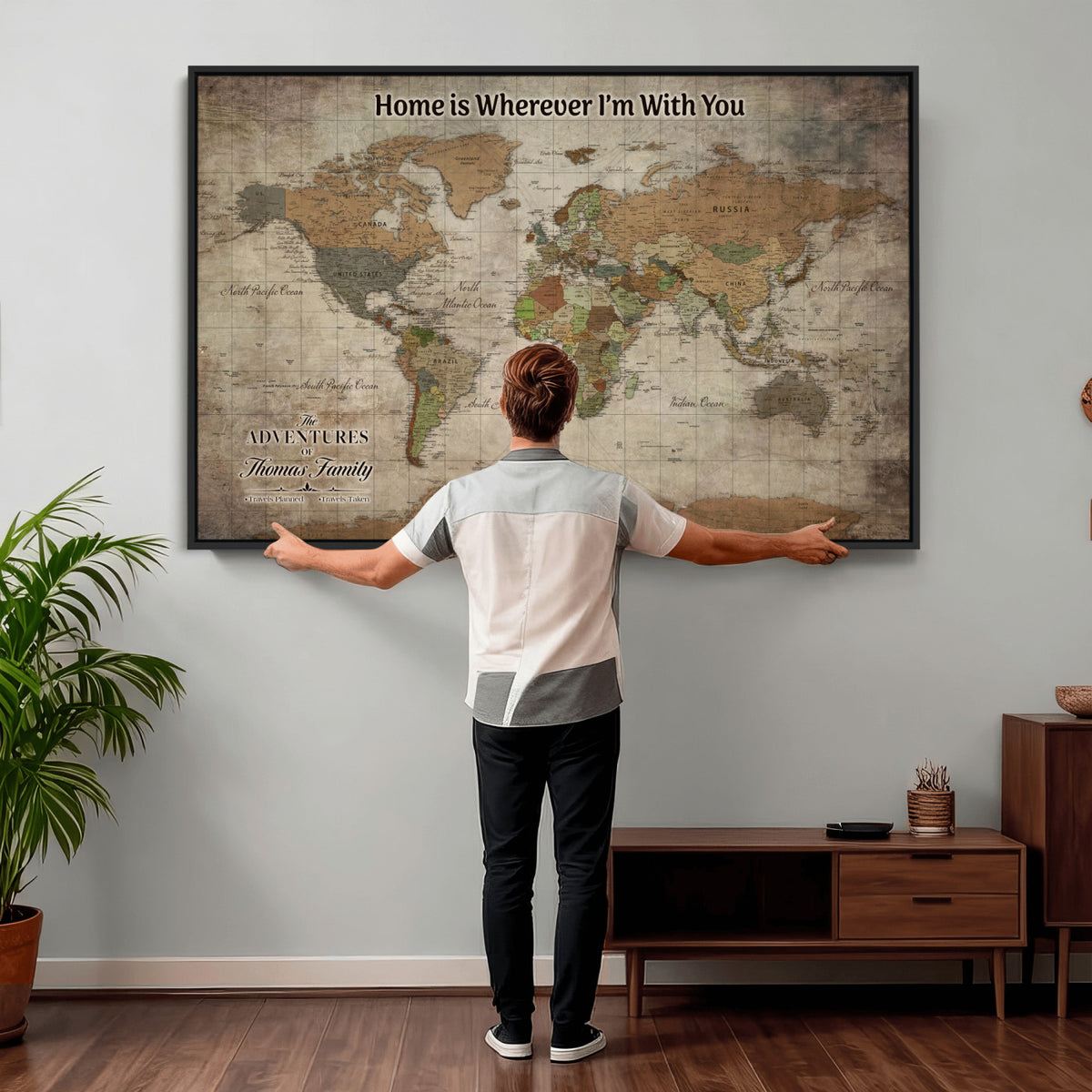 22593671-MGV-CV-36X24 - Personalized Beige Geometric World Map Canvas with Push Pins, Next Trip Planner Map, Study and Entryway Decor