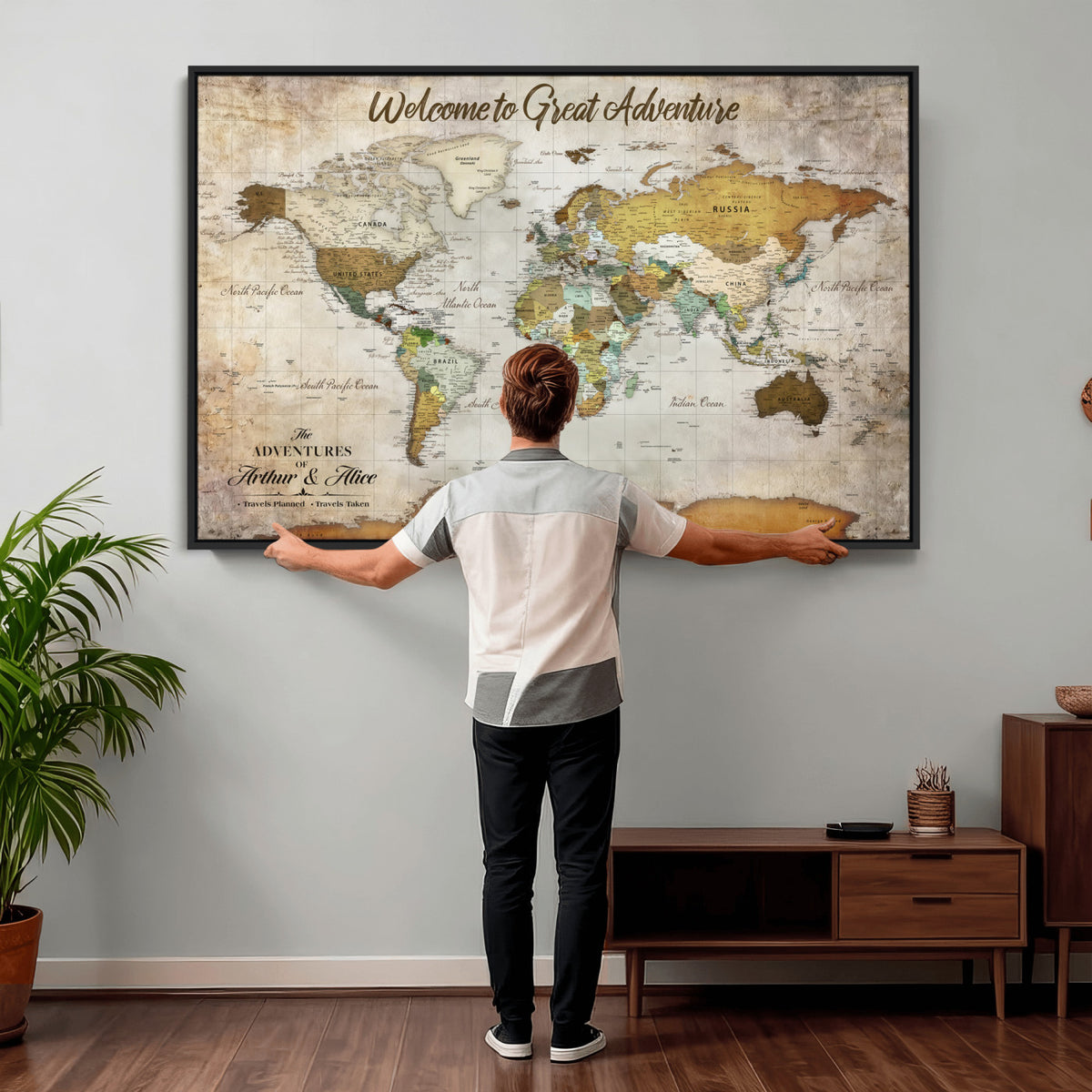 33043195-MGV-CV-36X24 - Personalized Beige World Travel Map Wall Art with Pins, Family Travel Tracker, Family Room and Study Decor