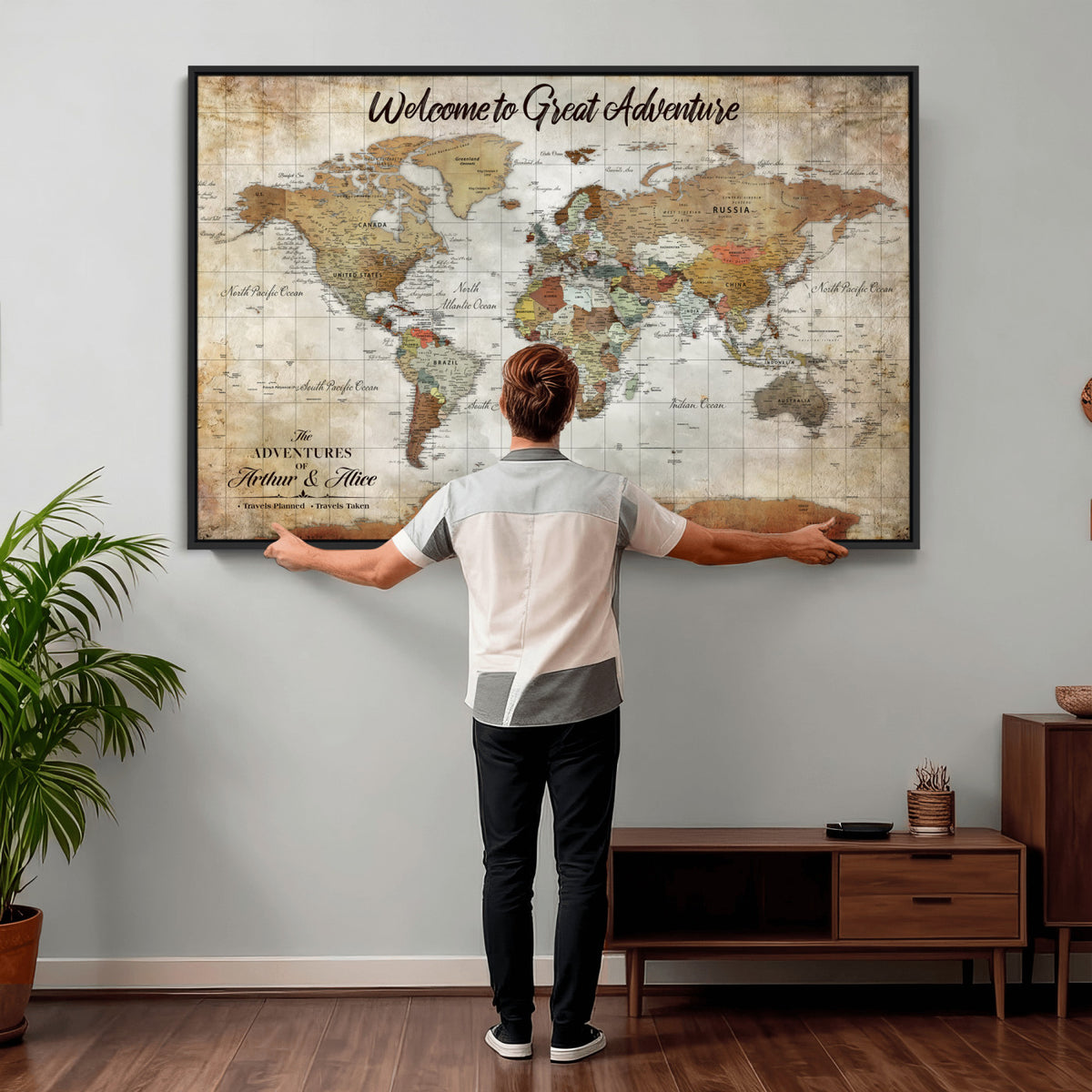 22906161-MGV-CV-36X24 - Personalized Beige Push Pin World Map Wall Art, Bucket List Map, Living Room and Family Room Decor