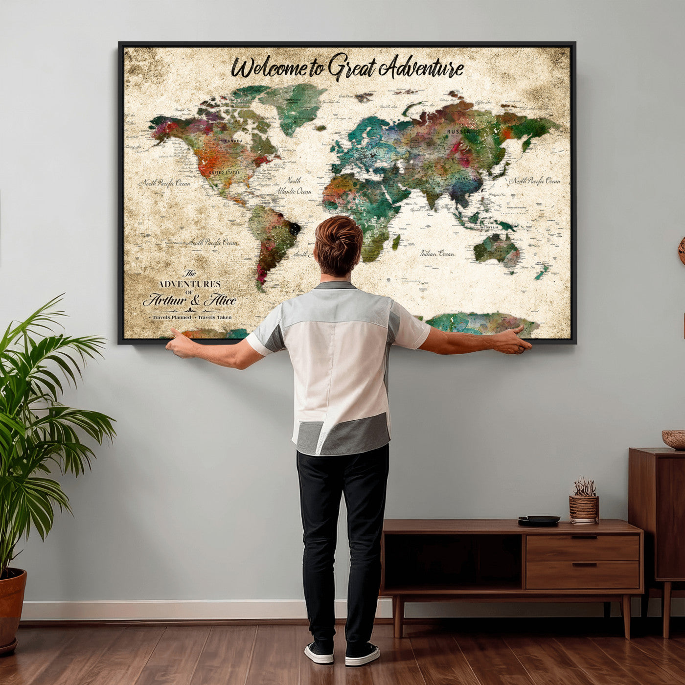 89225601-MGV-CV-36X24 - Custom Push Pin World Map Wall Art Canvas Print – Personalized Travel Tracker with Pins Framed Large for Home and Office Decor