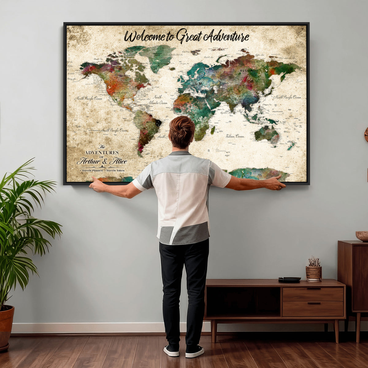 89225601-MGV-CV-36X24 - Personalized Beige Grunge World Map Canvas with Push Pins, Next Trip Planner Map, Family Room and Home Office Decor