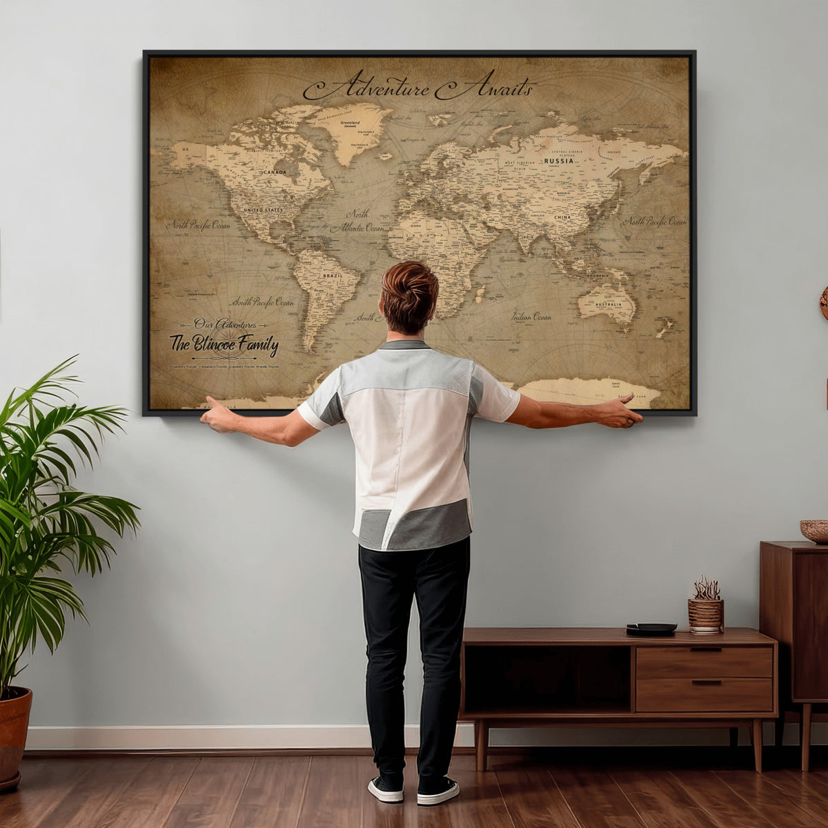 59418012-MGV-CV-36X24 - Personalized Framed Beige World Travel Map Wall Art with Pins, Family Travel Tracker, Family Room and Entryway Decor