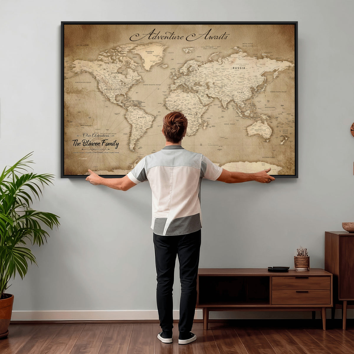 59757370-MGV-CV-36X24 - Personalized Black Modern Push Pin World Map Wall Art, Places Visited Tracker, Family Room and Bedroom Decor