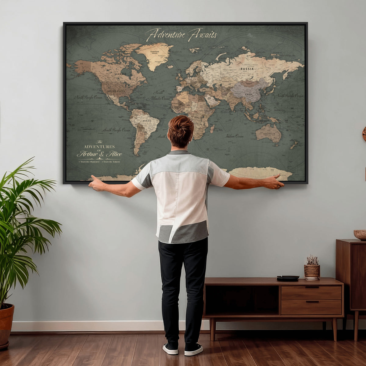 24734446-MGV-CV-36X24 - Personalized Framed Beige Modern World Map Canvas with Push Pins, Bucket List Map, Family Room and Dining Room Decor