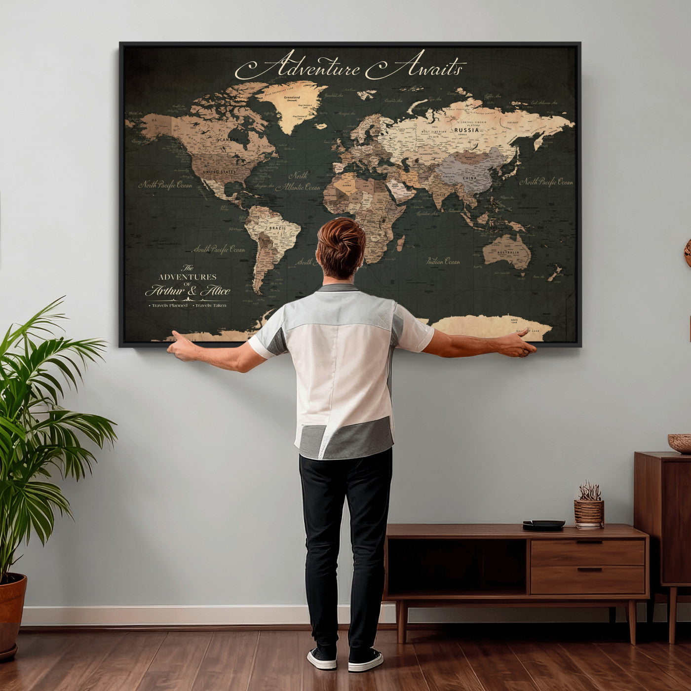 74987709-MGV-CV-36X24 - Custom Push Pin World Map Wall Art Canvas Print – Personalized Travel Tracker with Pins Framed Large for Home and Office Decor