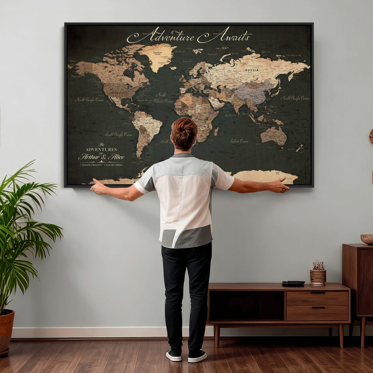 74987709-MGV-CV-36X24 - Custom Gray Modern Push Pin Travel Map Canvas Print, Next Trip Planner Map, Family Room and Bedroom Decor