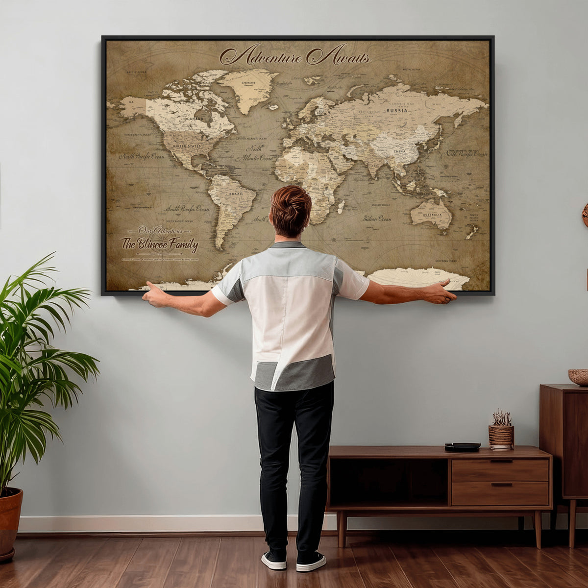 96775856-MGV-CV-36X24 - Custom Beige Modern Push Pin World Map Canvas Print, Family Travel Tracker, Dining Room and Home Office Decor
