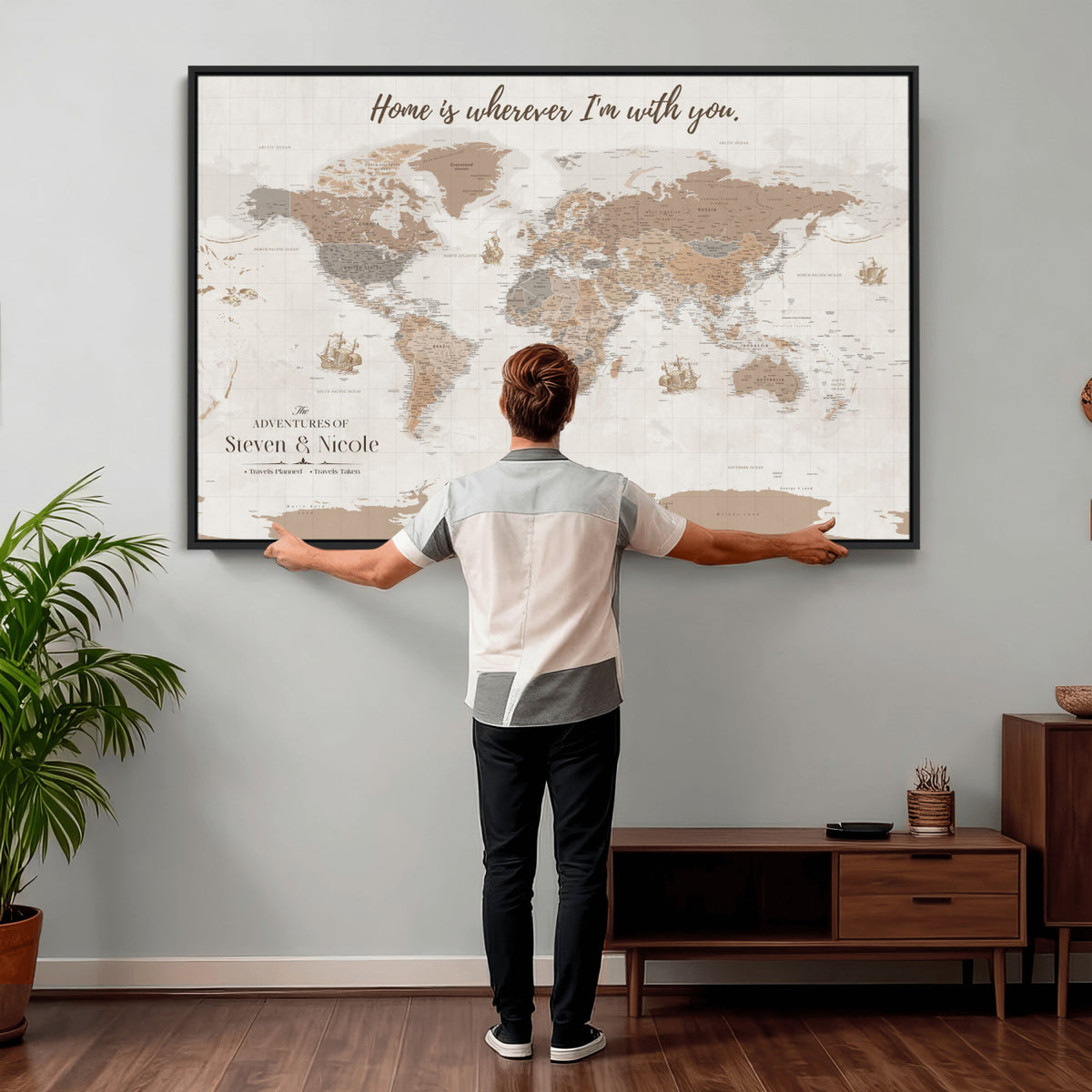 25831578-MGV-CV-36X24 - Custom Push Pin World Map Wall Art Canvas Print | Personalized Travel Tracker with Pins Framed Large for Home and Office Decor