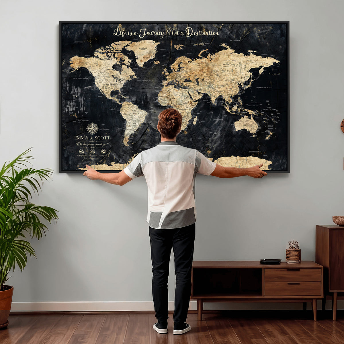 NEWMAP-13-MGV-CV-36X24 - Personalized Framed Navy Modern Push Pin World Map Canvas Print, Couples Countries Visited Map, Family Room and Study Decor