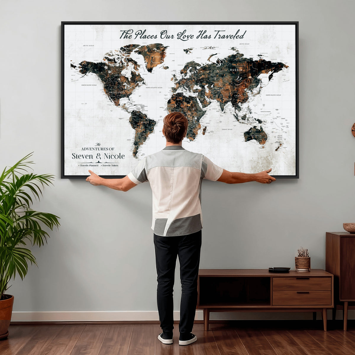 29090064-MGV-CV-36X24 - Personalized Beige Push Pin World Map Canvas Print, Honeymoon and Anniversary Gift, Living Room and Dining Room Decor