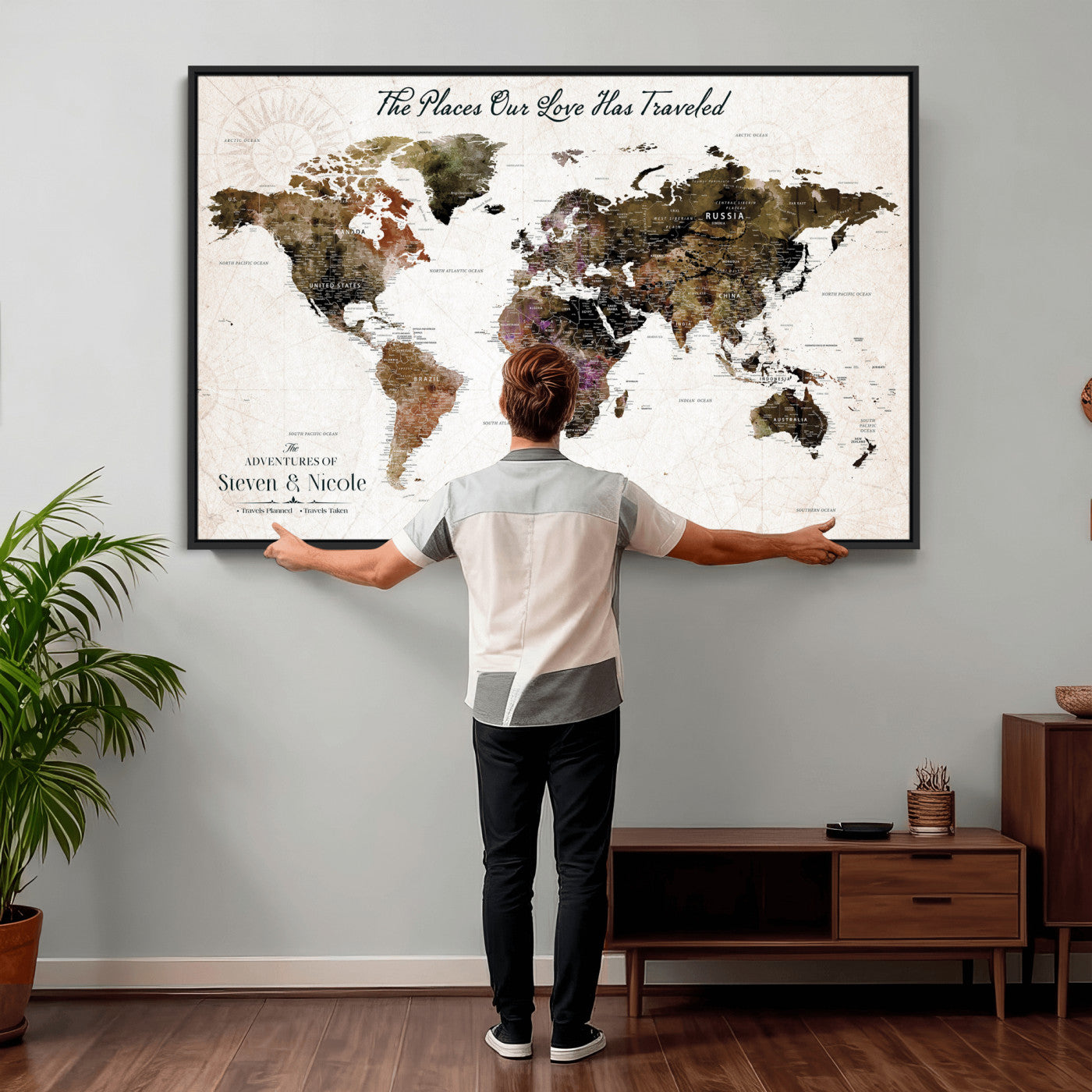 34345515-MGV-CV-36X24 - Custom Push Pin World Map Wall Art Canvas Print – Personalized Travel Tracker with Pins Framed Large for Home and Office Decor