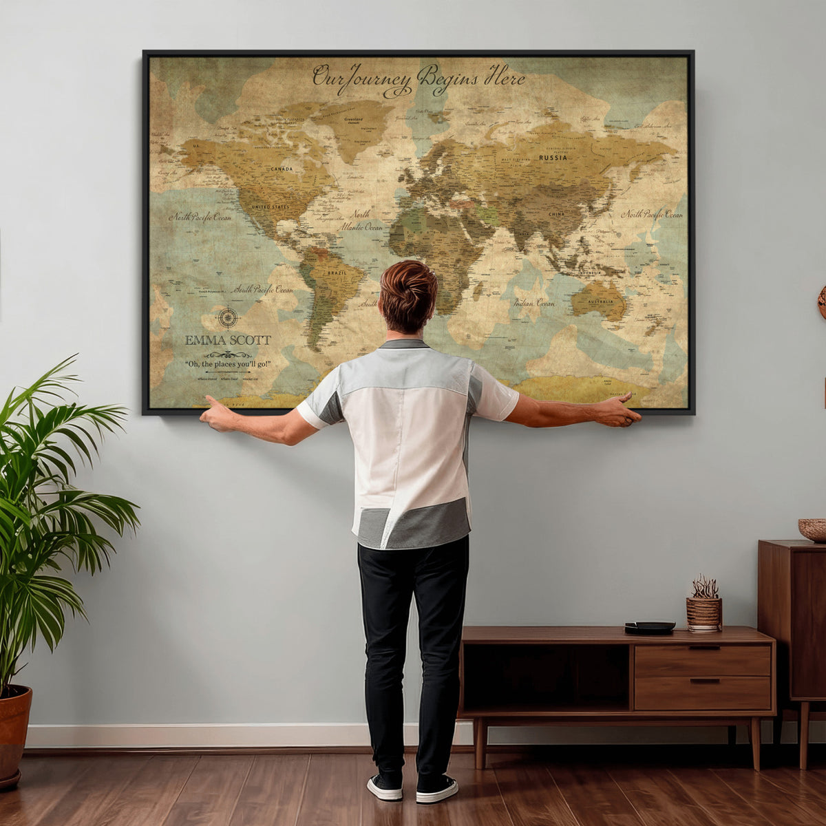 66550749-MGV-CV-36X24 - Custom Push Pin World Map Wall Art Canvas Print | Personalized Travel Tracker with Pins Framed Large for Home and Office Decor