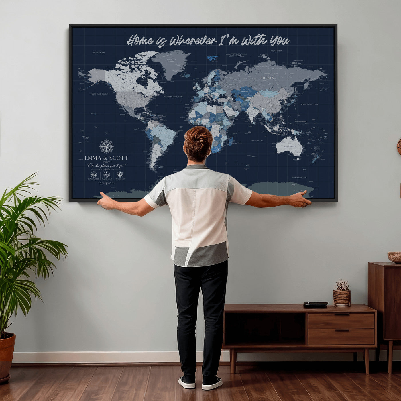 NEWMAP-18-MGV-CV-36X24 - Custom Push Pin World Map Wall Art Canvas Print – Personalized Travel Tracker with Pins Framed Large Print - NEWMAP-18