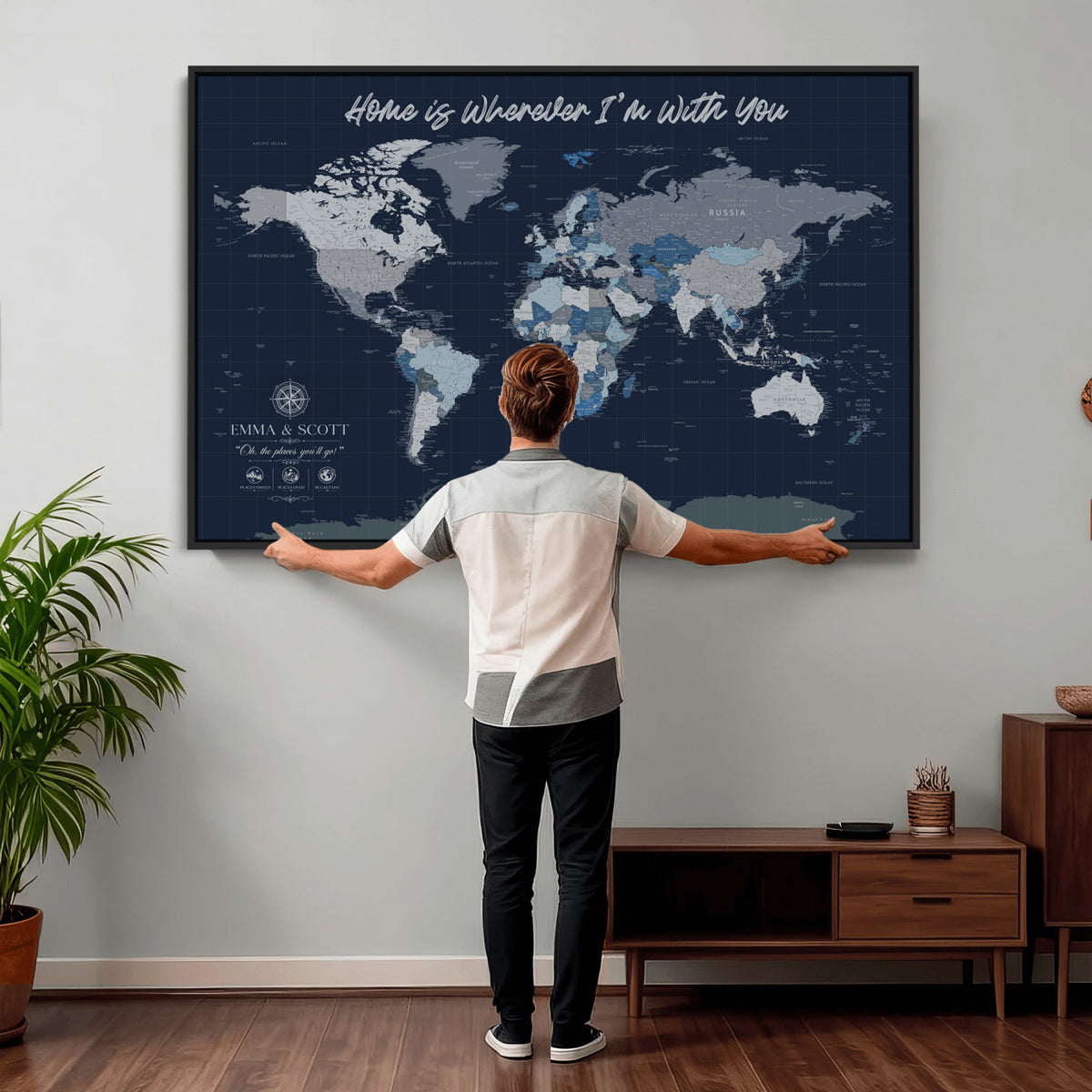 NEWMAP-18-MGV-CV-36X24 - Custom Push Pin World Map Wall Art Canvas Print | Personalized Travel Tracker with Pins Framed Large Print - NEWMAP-18