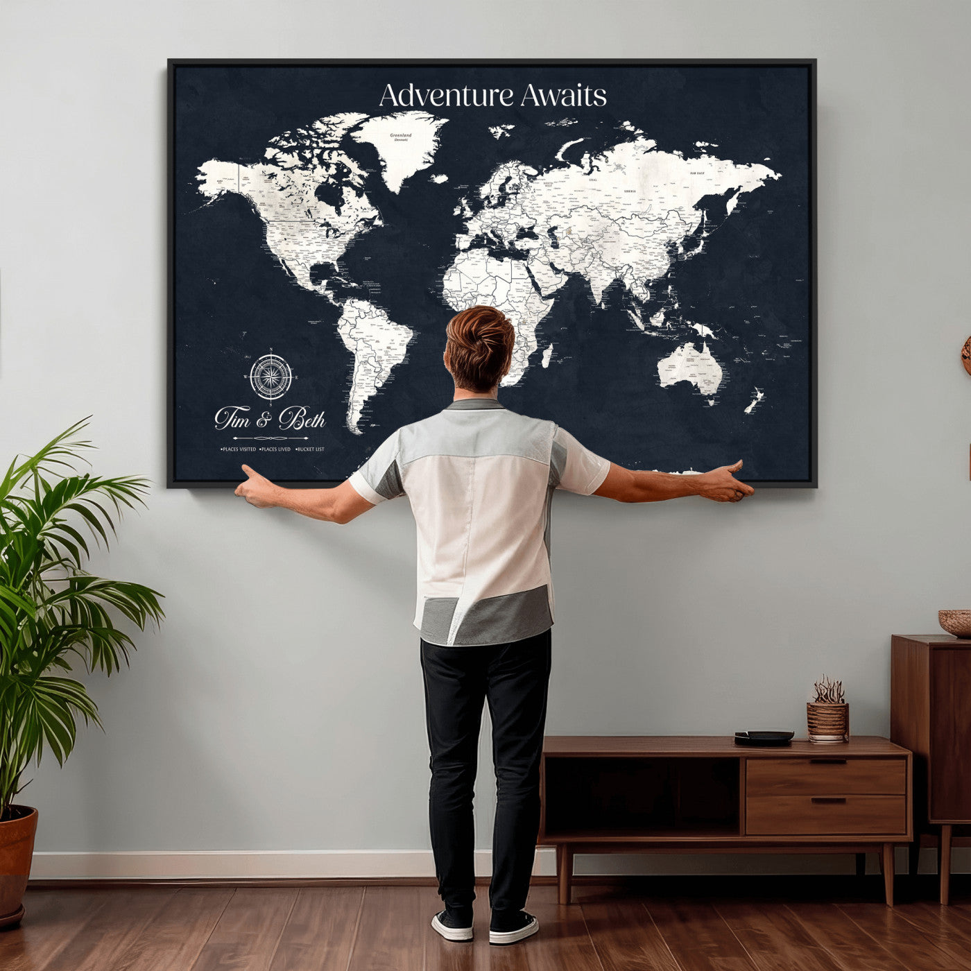 84045875-MGV-CV-36X24 - Custom Push Pin World Map Wall Art Canvas Print – Personalized Travel Tracker with Pins Framed Large for Home and Office Decor