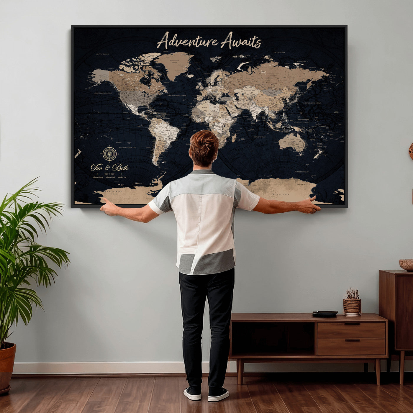66938317-MGV-CV-36X24 - Custom Push Pin World Map Wall Art Canvas Print – Personalized Travel Tracker with Pins Framed Large for Home and Office Decor