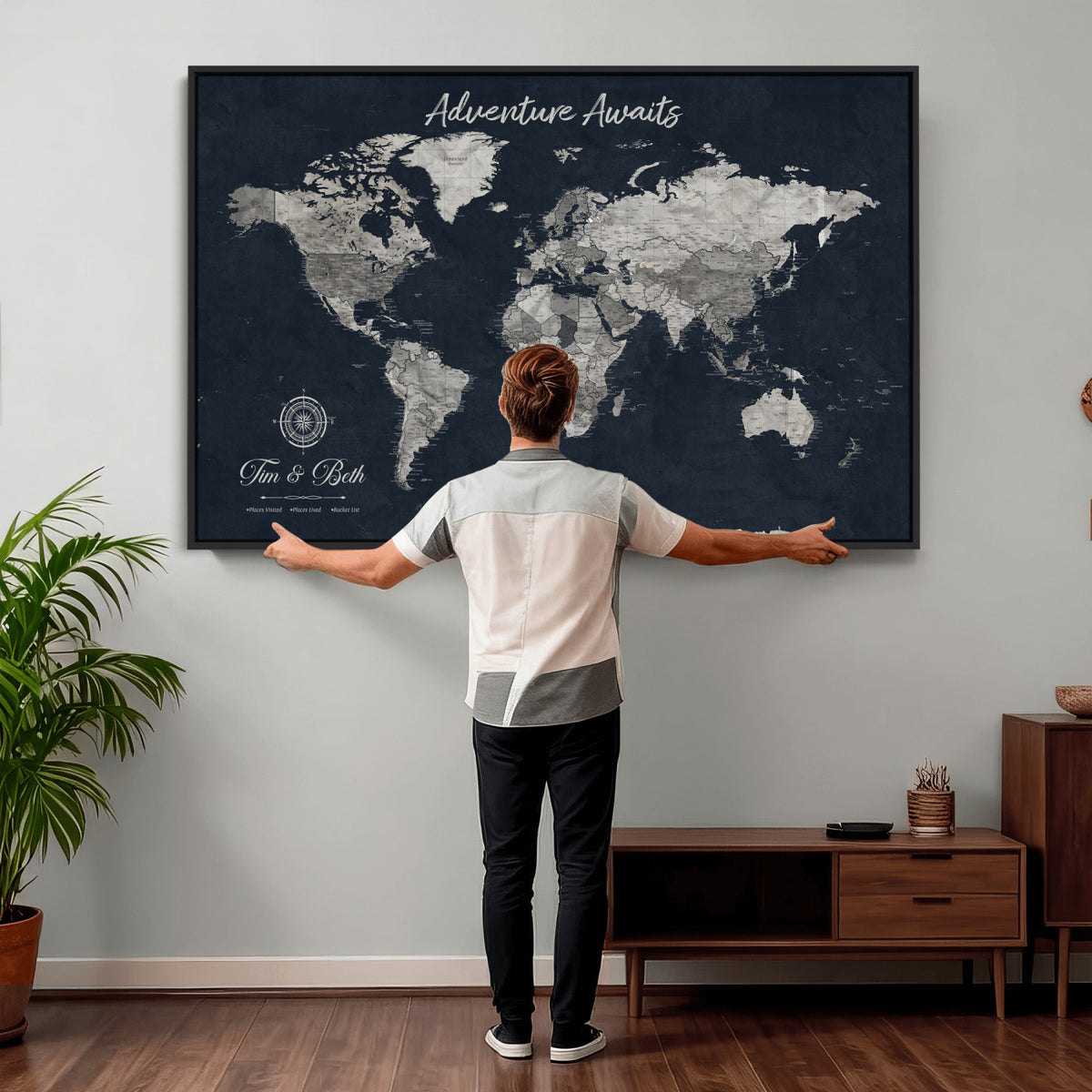 32031089-MGV-CV-36X24 - Custom Push Pin World Map Wall Art Canvas Print | Personalized Travel Tracker with Pins Framed Large for Home and Office Decor
