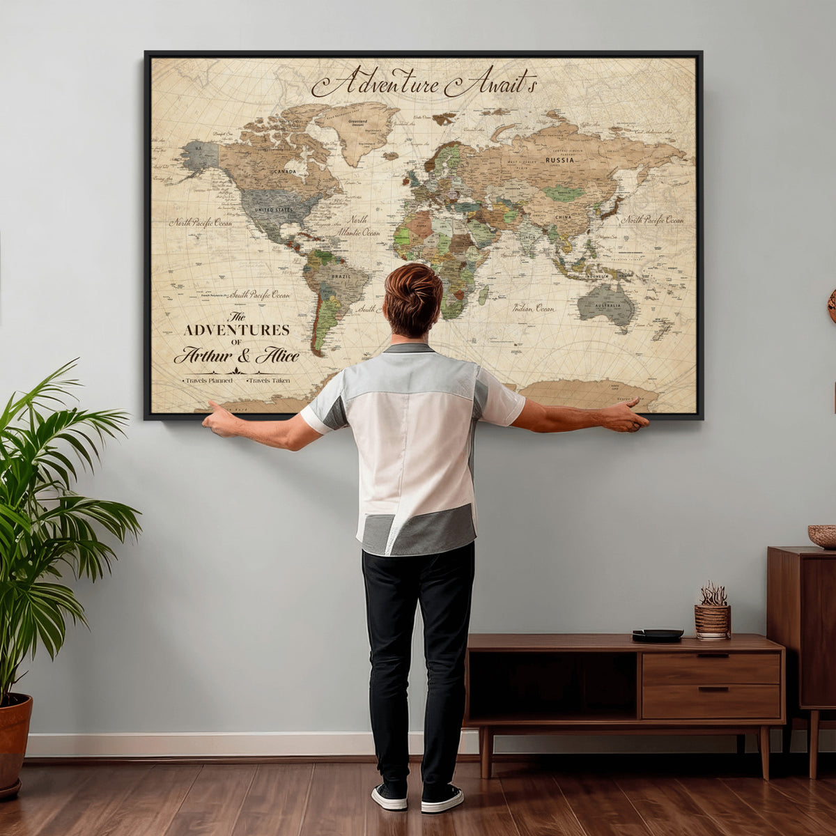 18308111-MGV-CV-36X24 - Custom Push Pin World Map Wall Art Canvas Print | Personalized Travel Tracker with Pins Framed Large for Home and Office Decor