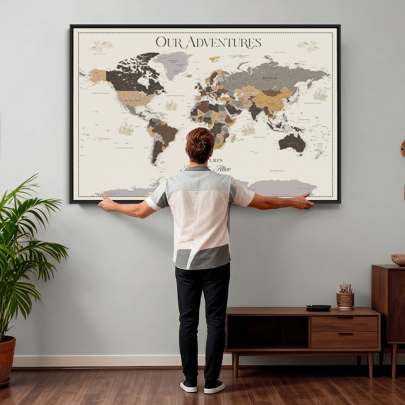 66301646-MGV-CV-36X24 - Custom Push Pin World Map Wall Art Canvas Print – Personalized Travel Tracker with Pins Framed Large for Home and Office Decor
