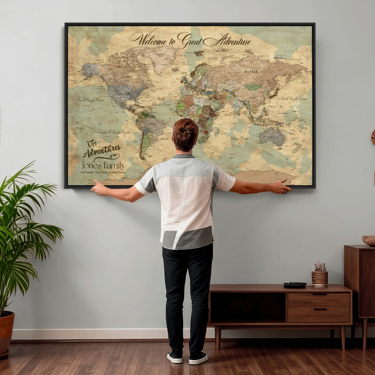 38092909-MGV-CV-36X24 - Personalized Framed Navy Vintage Push Pin World Map Wall Art, Places Visited Tracker, Bedroom and Hallway Decor