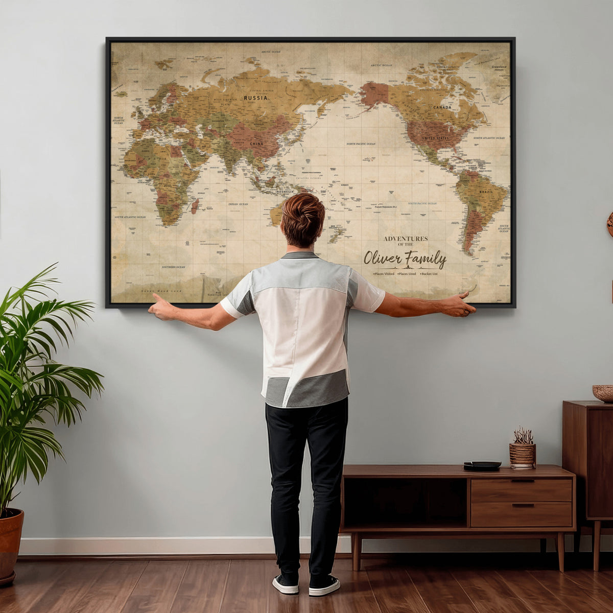 19347393-MGV-CV-36X24 - Personalized Framed Navy Modern World Map Canvas with Push Pins, Bucket List Map, Living Room and Entryway Decor