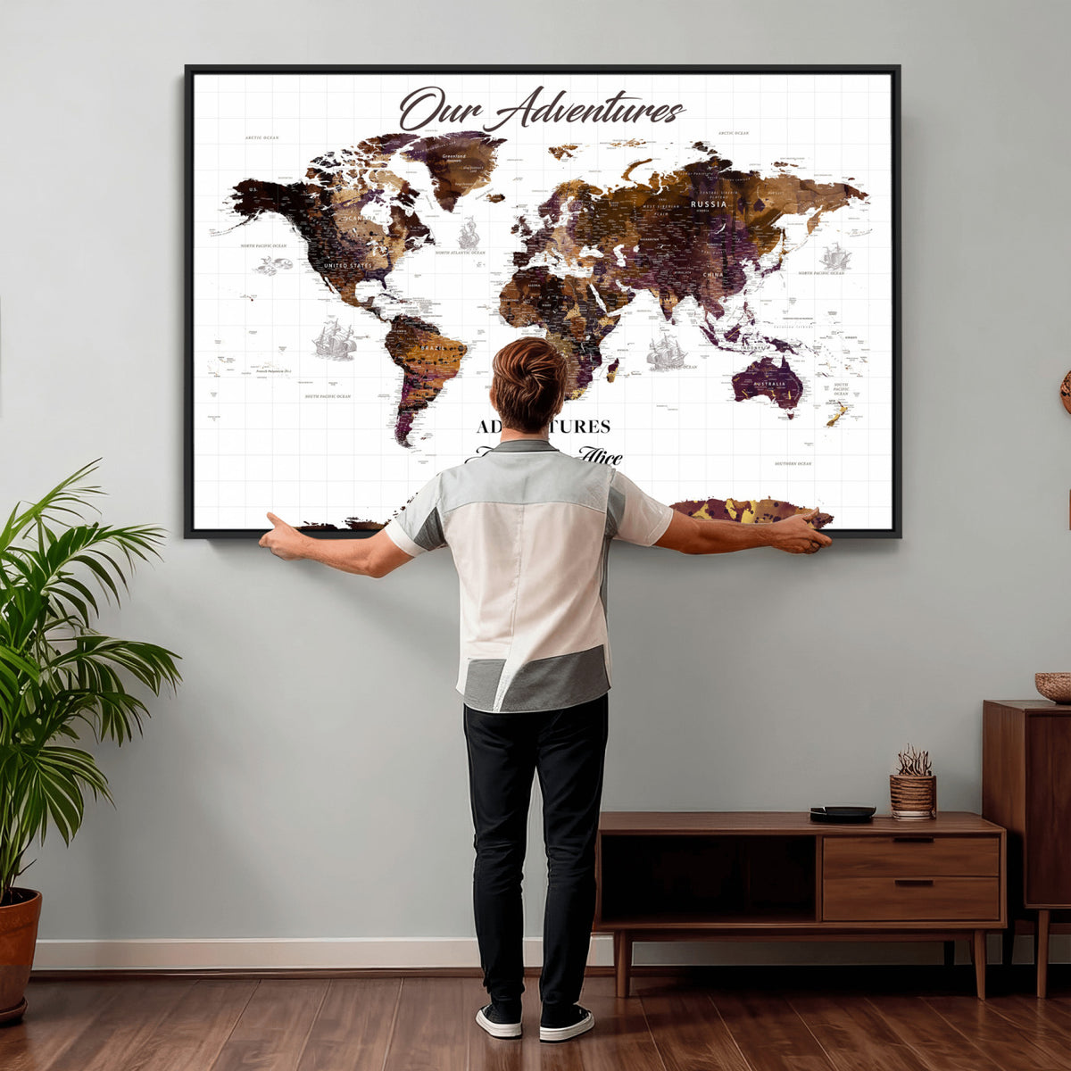 95729279-MGV-CV-36X24 - Personalized Framed Beige Vintage Push Pin Travel Map Canvas Print, Next Trip Planner Map, Home Office and Entryway Decor