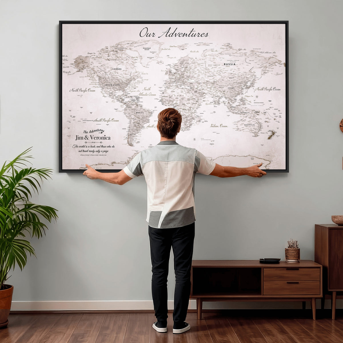 62392749-MGV-CV-36X24 - Personalized Beige Vintage World Travel Map Wall Art with Pins, Honeymoon and Anniversary Gift, Entryway and Hallway Decor