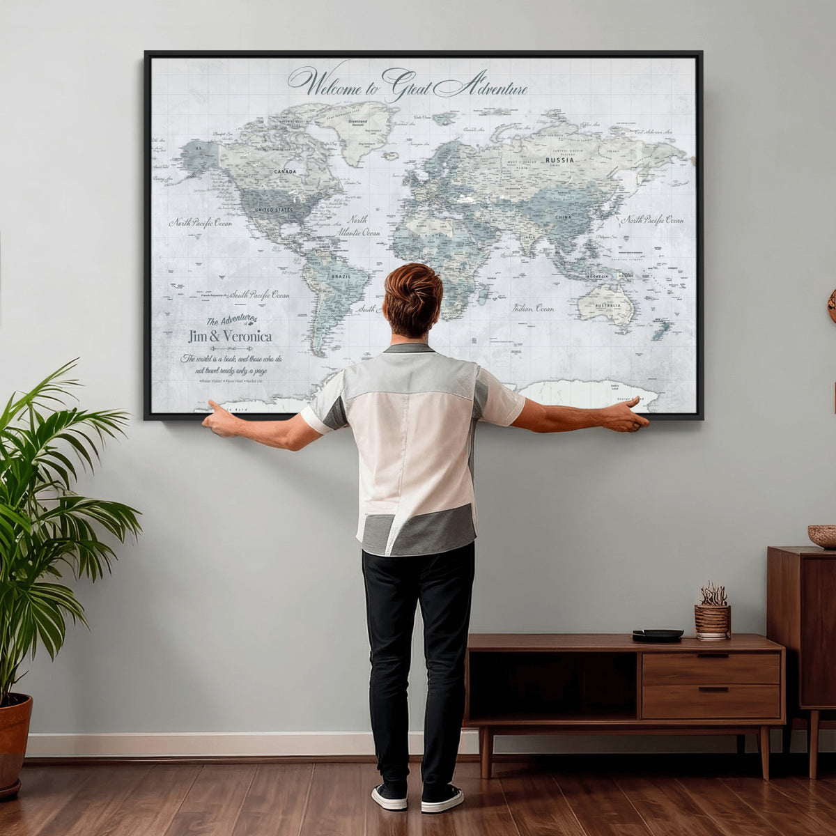 55391088-MGV-CV-36X24 - Personalized Beige Antique Push Pin World Map Canvas Print, Family Travel Tracker, Family Room and Entryway Decor