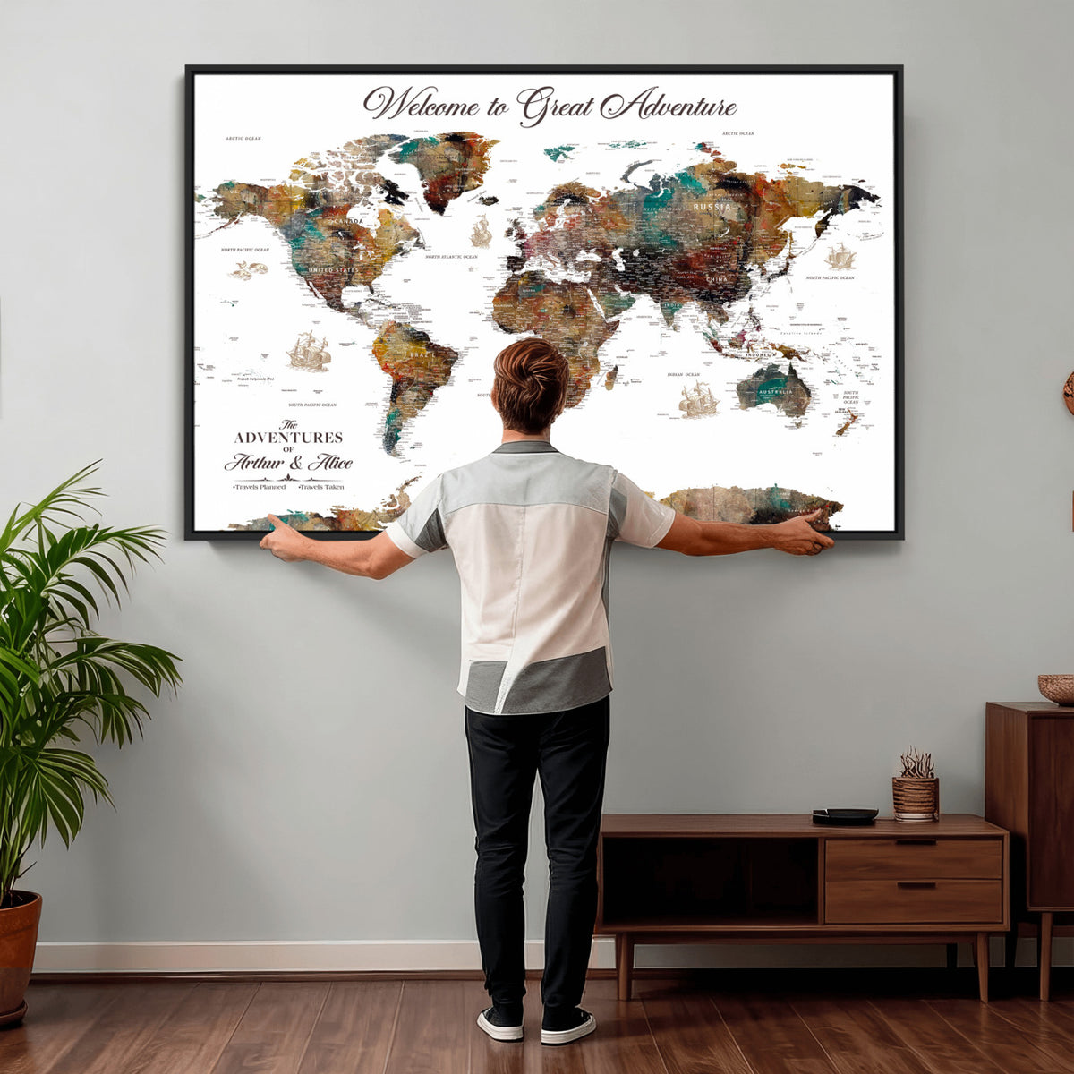 20271103-MGV-CV-36X24 - Custom Framed Beige Modern Push Pin World Map Wall Art, Couples Countries Visited Map, Study and Entryway Decor