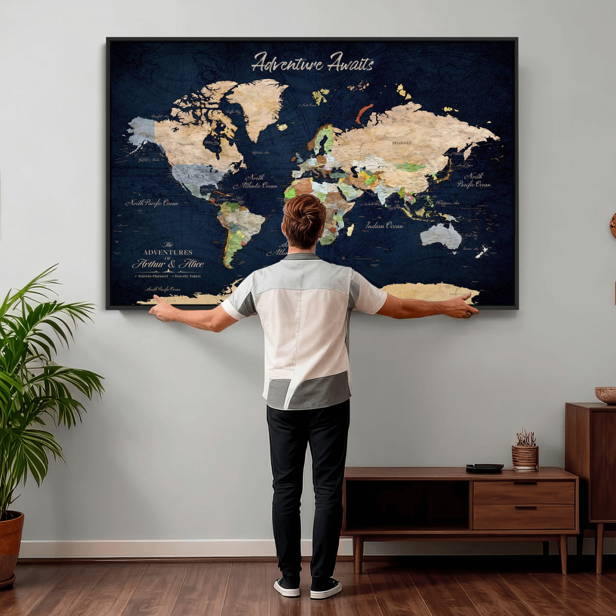 39120422-MGV-CV-36X24 - Personalized Beige Antique Push Pin Travel Map Canvas Print, Bucket List Map, Dining Room and Entryway Decor
