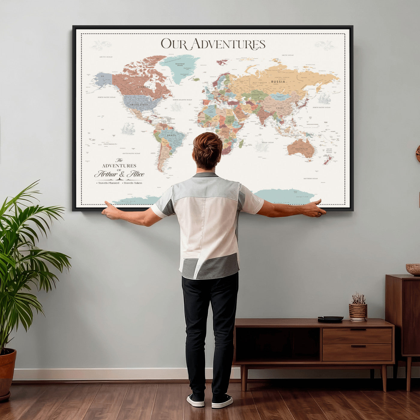 30191756-MGV-CV-36X24 - Custom Push Pin World Map Wall Art Canvas Print – Personalized Travel Tracker with Pins Framed Large for Home and Office Decor