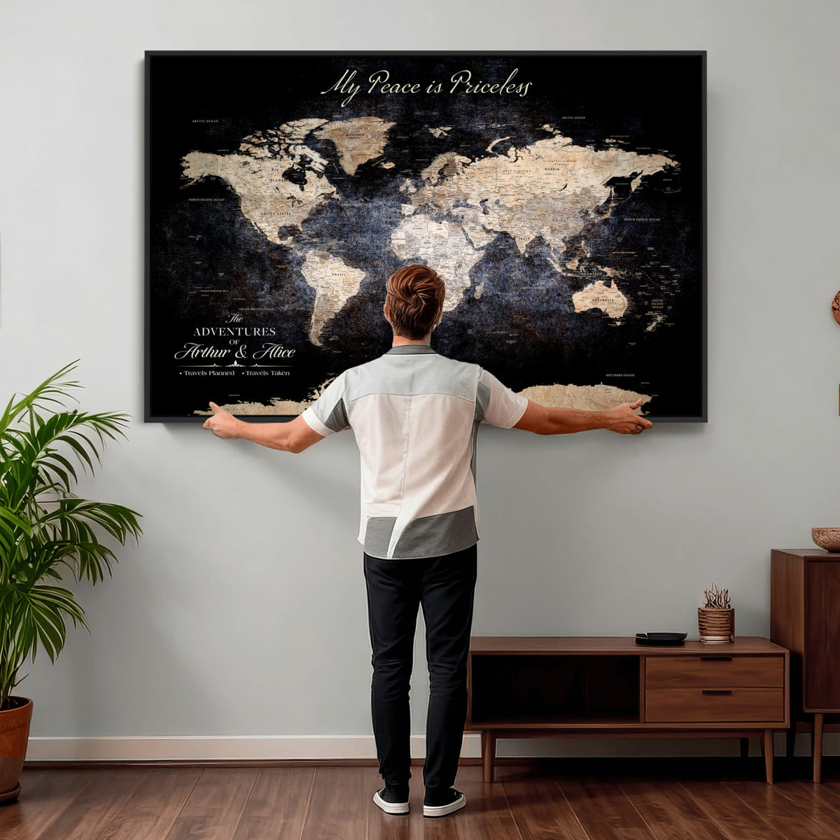 38689152-MGV-CV-36X24 - Personalized Beige World Map Canvas with Push Pins, Couples Countries Visited Map, Study and Hallway Decor