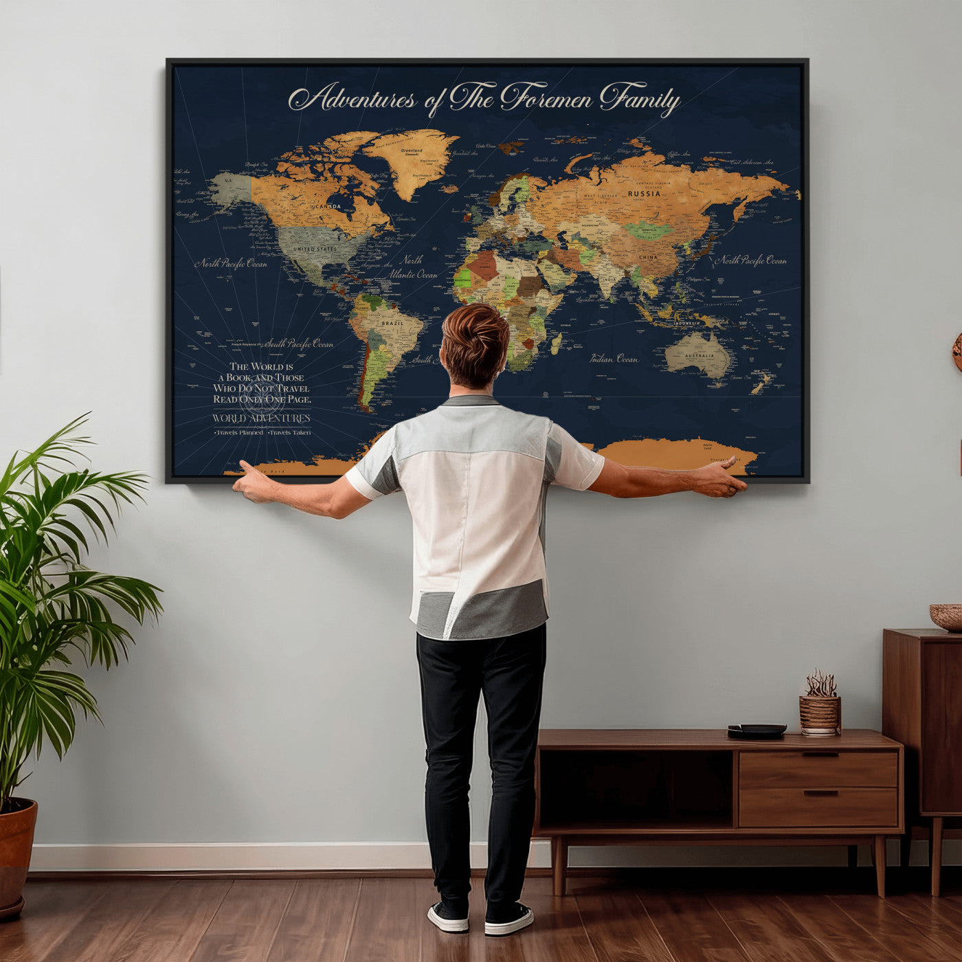 84352304-MGV-CV-36X24 - Custom Push Pin World Map Wall Art Canvas Print – Personalized Travel Tracker with Pins Framed Large for Home and Office Decor