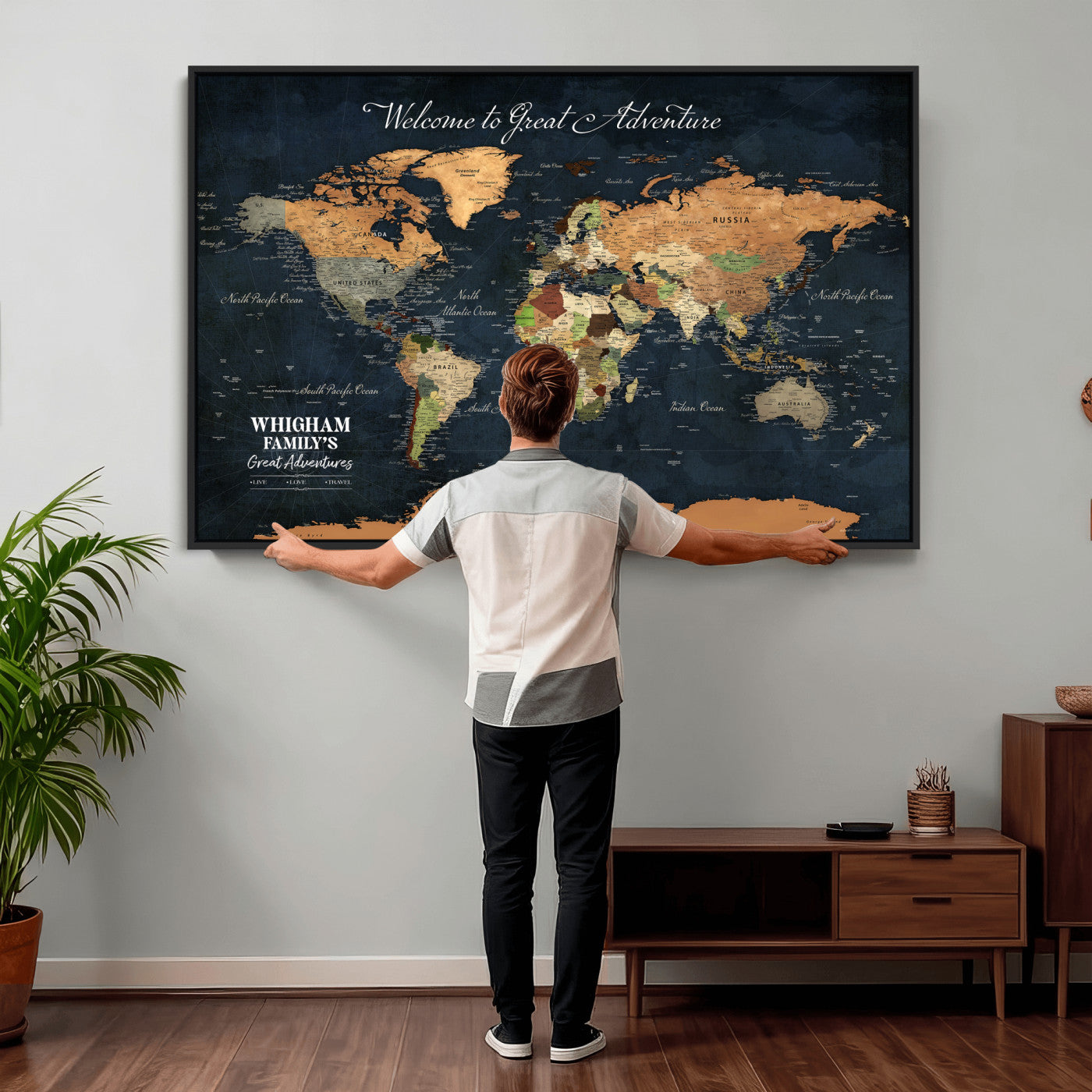 66788995-MGV-CV-36X24 - Custom Push Pin World Map Wall Art Canvas Print – Personalized Travel Tracker with Pins Framed Large for Home and Office Decor