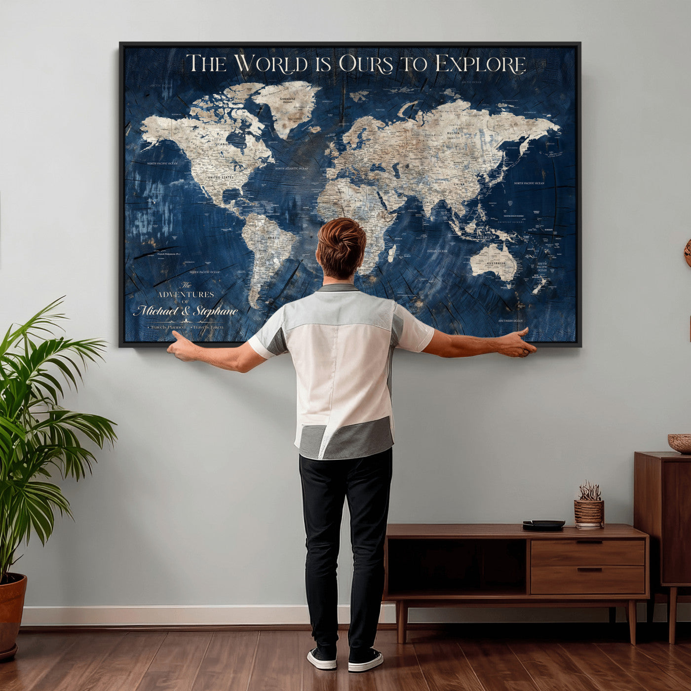 76965912-MGV-CV-36X24 - Custom Push Pin World Map Wall Art Canvas Print – Personalized Travel Tracker with Pins Framed Large for Home and Office Decor