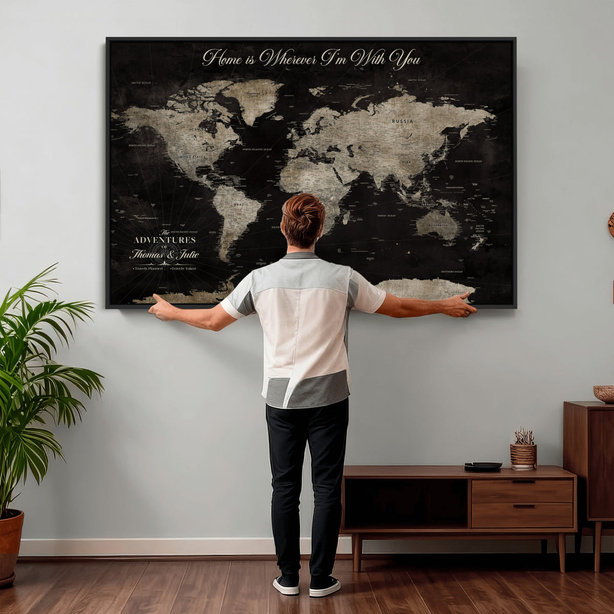 28461537-MGV-CV-36X24 - Personalized Framed Black Geometric World Map Canvas with Push Pins, Bucket List Map, Living Room and Dining Room Decor