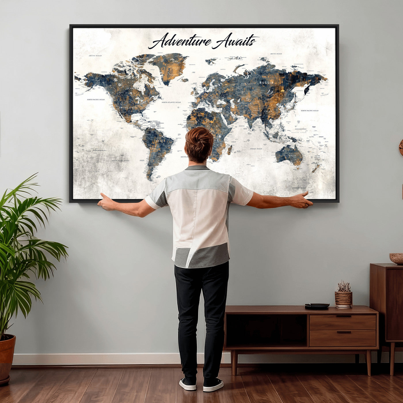 26041262-MGV-CV-36X24 - Custom Push Pin World Map Wall Art Canvas Print – Personalized Travel Tracker with Pins Framed Large for Home and Office Decor