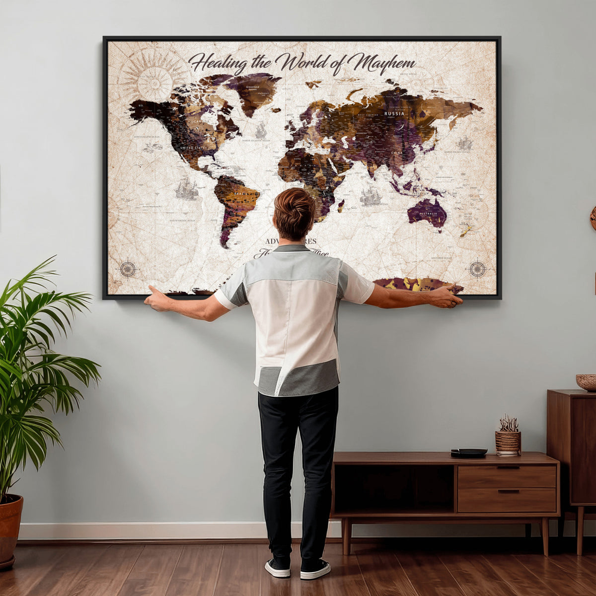 20154714-MGV-CV-36X24 - Custom Push Pin World Map Wall Art Canvas Print | Personalized Travel Tracker with Pins Framed Large for Home and Office Decor