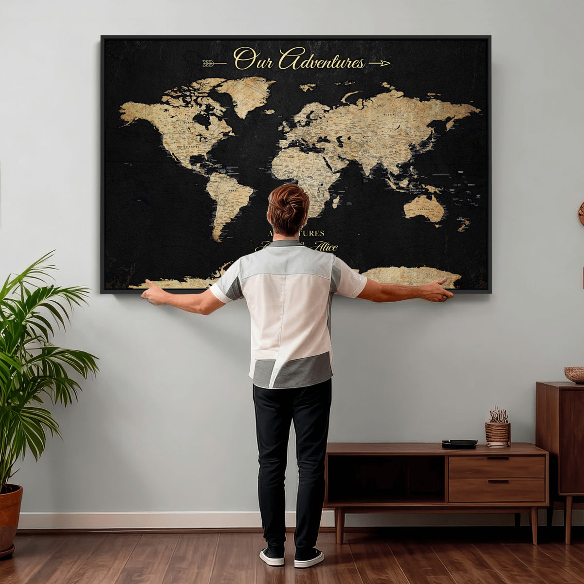 54638998-MGV-CV-36X24 - Custom Push Pin World Map Wall Art Canvas Print | Personalized Travel Tracker with Pins Framed Large for Home and Office Decor