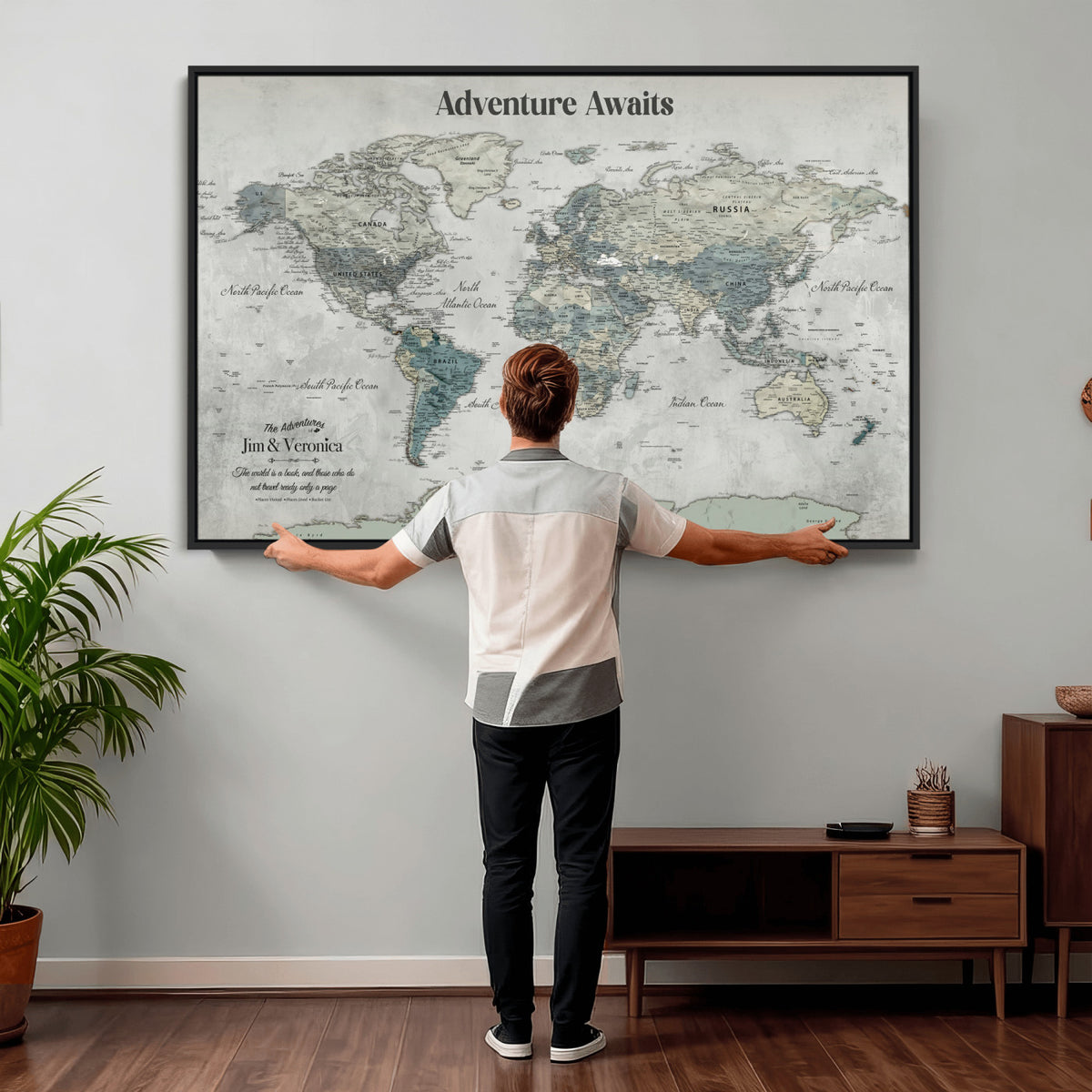 11945570-MGV-CV-36X24 - Custom Push Pin World Map Wall Art Canvas Print | Personalized Travel Tracker with Pins Framed Large for Home and Office Decor